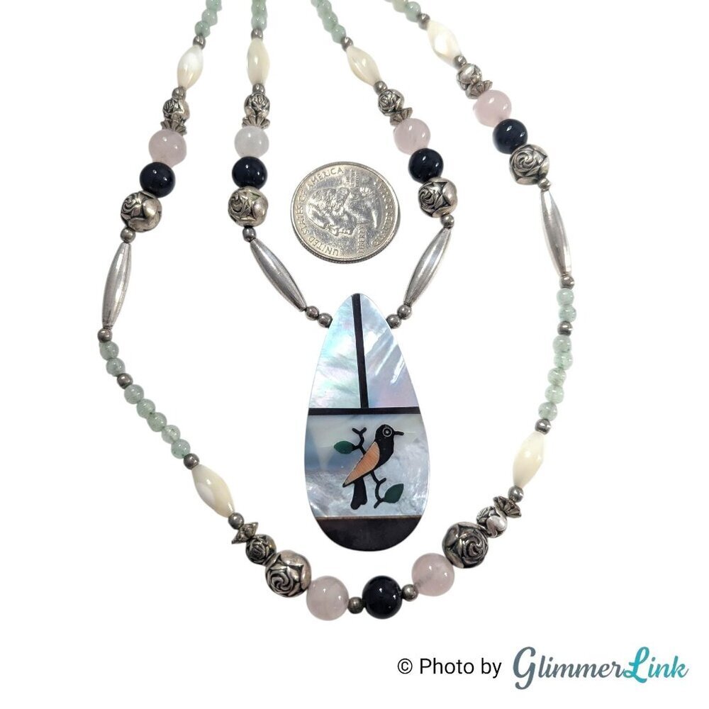 Vintage Bird Inlay Pendant Necklace Aventurine Rose Quartz Onyx Silver Tone - Picture 8 of 15